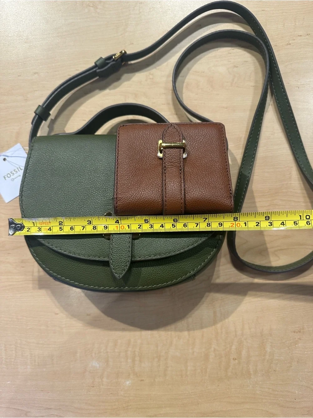 Fossil Olive Green Crossbody Saddle Bag with Brown Card Case